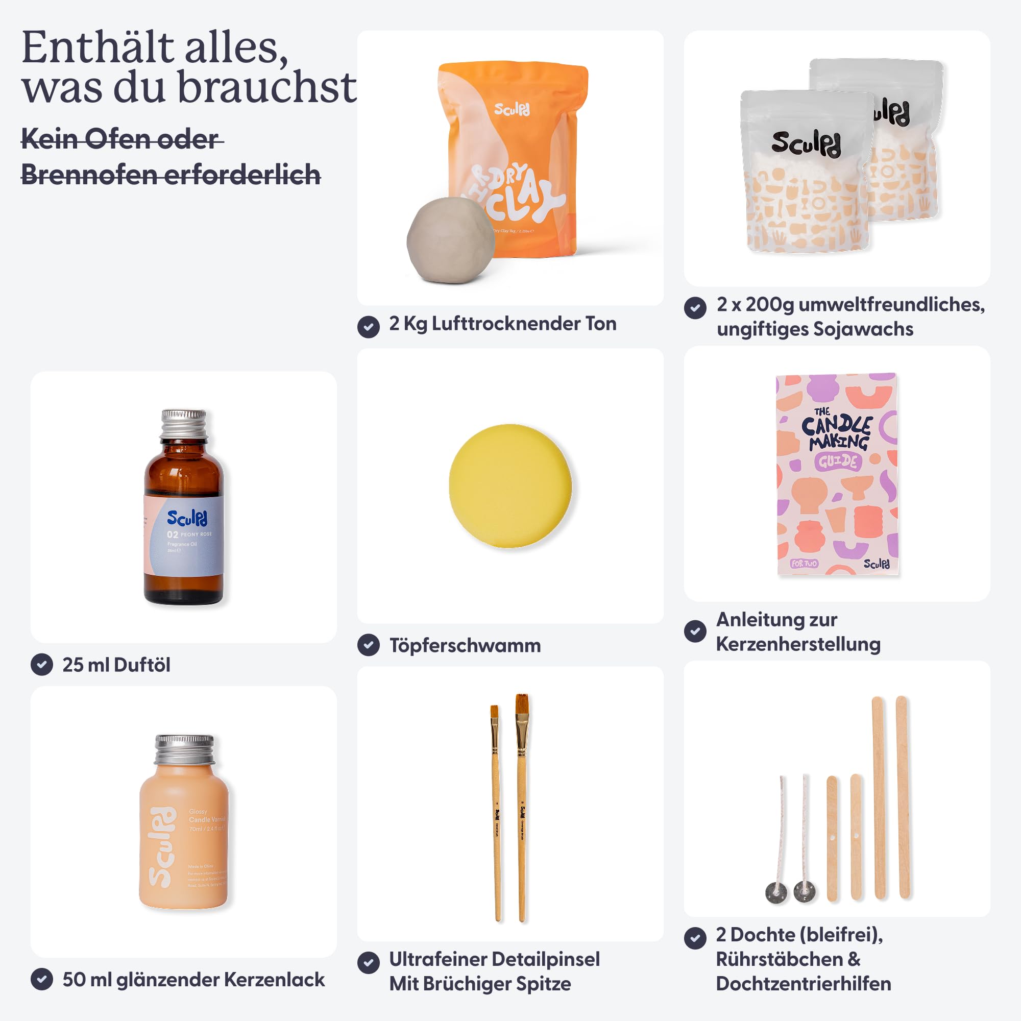 Sculpd Töpferei-Kit zur Kerzenherstellung mit lufttrocknendem Ton | Anfänger Starter-Kit zur Kerzenherstellung für Erwachsene mit Öko-Soja-Wachs, Duftöl, Lack, Werkzeugen und Anleitung | Enthält Acrylfarben-Set, ungiftiges Öko-Sojawachs, Kerzenglasur, Wer