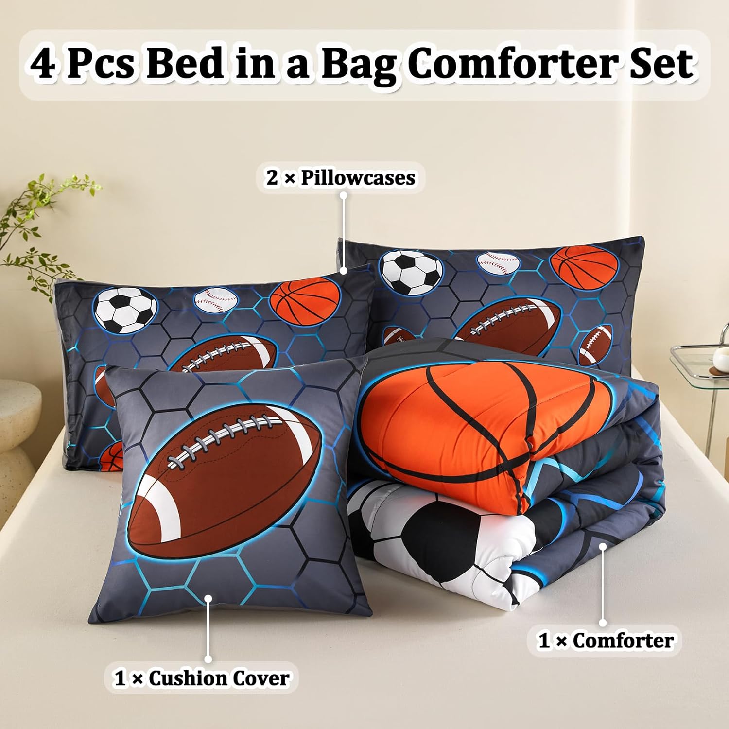 4 Pcs Sports Bedding Set for Boys Twin, Basketball Baseball Football Soccer Bedding Twin Boys Comforter Set - Image 2