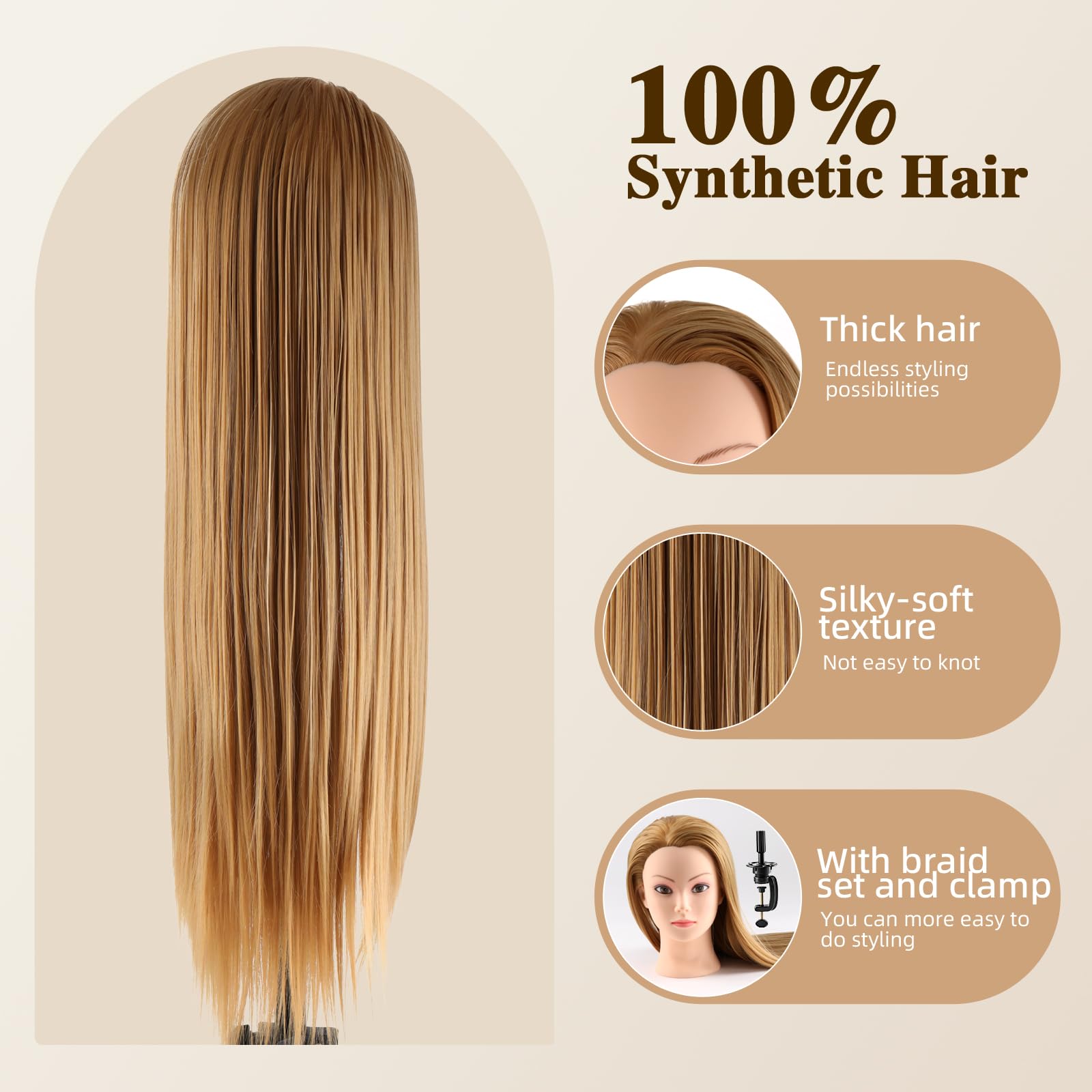 Cabeza maniquí Cabeza Peluqueria 100% de cabello sintéticas Cabeza Practica Peluqueria cabeza de muñeca con Soporte de Mesa + Accesorios de Peinado