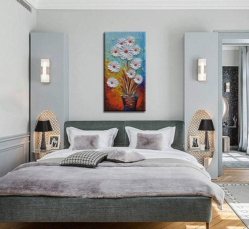 White Daisy Oil Painting Vertical Artwork for Walls Textured Wall Pictures Contemporary Art Modern Wall Painting Home Decoration Framed Canvas Wall Art for Living Room Office Dinning Room(20X40 inch)