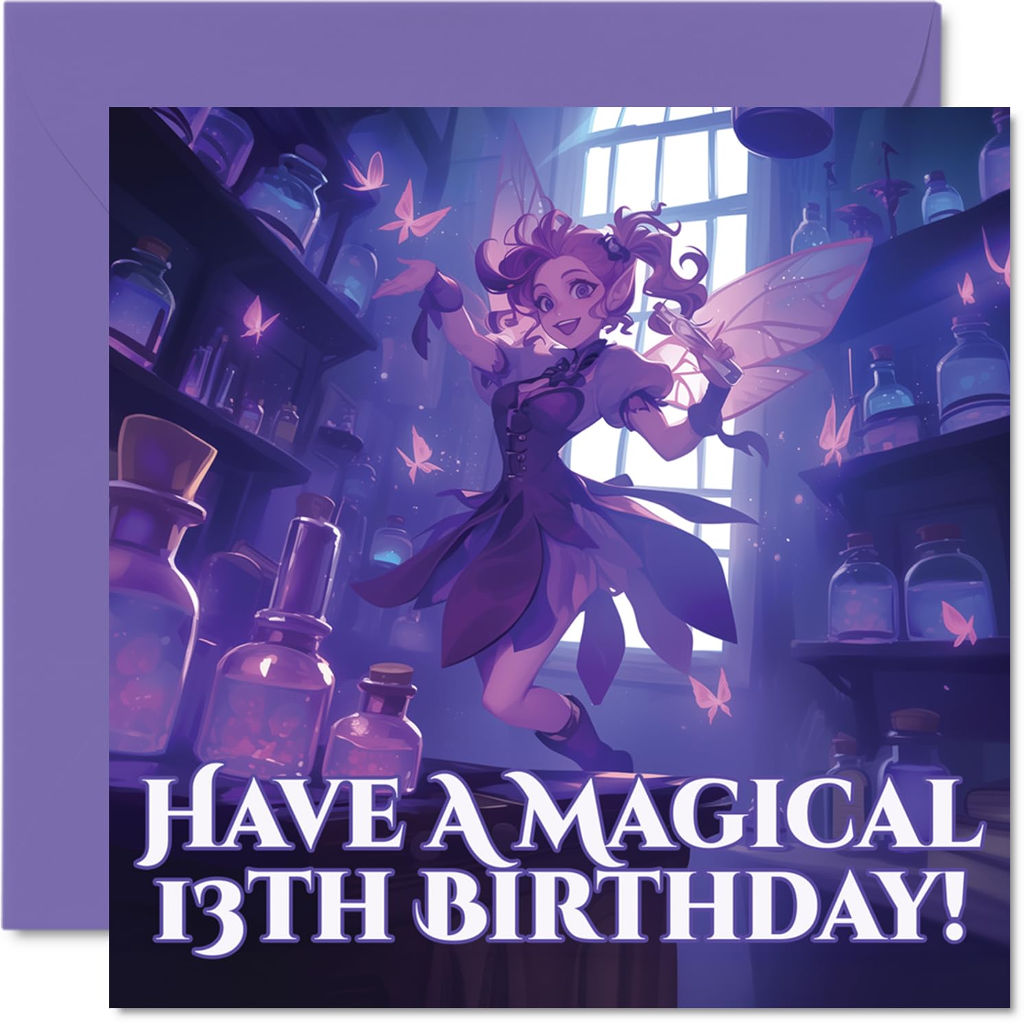 Cute Birthday Card - Sprinkle Some Birthday Magic - Whimsical Fairy in a Pastel Potion Room - Ideal for Anyone Enchanted by Fantasy - 145mm Square, Envelope Included