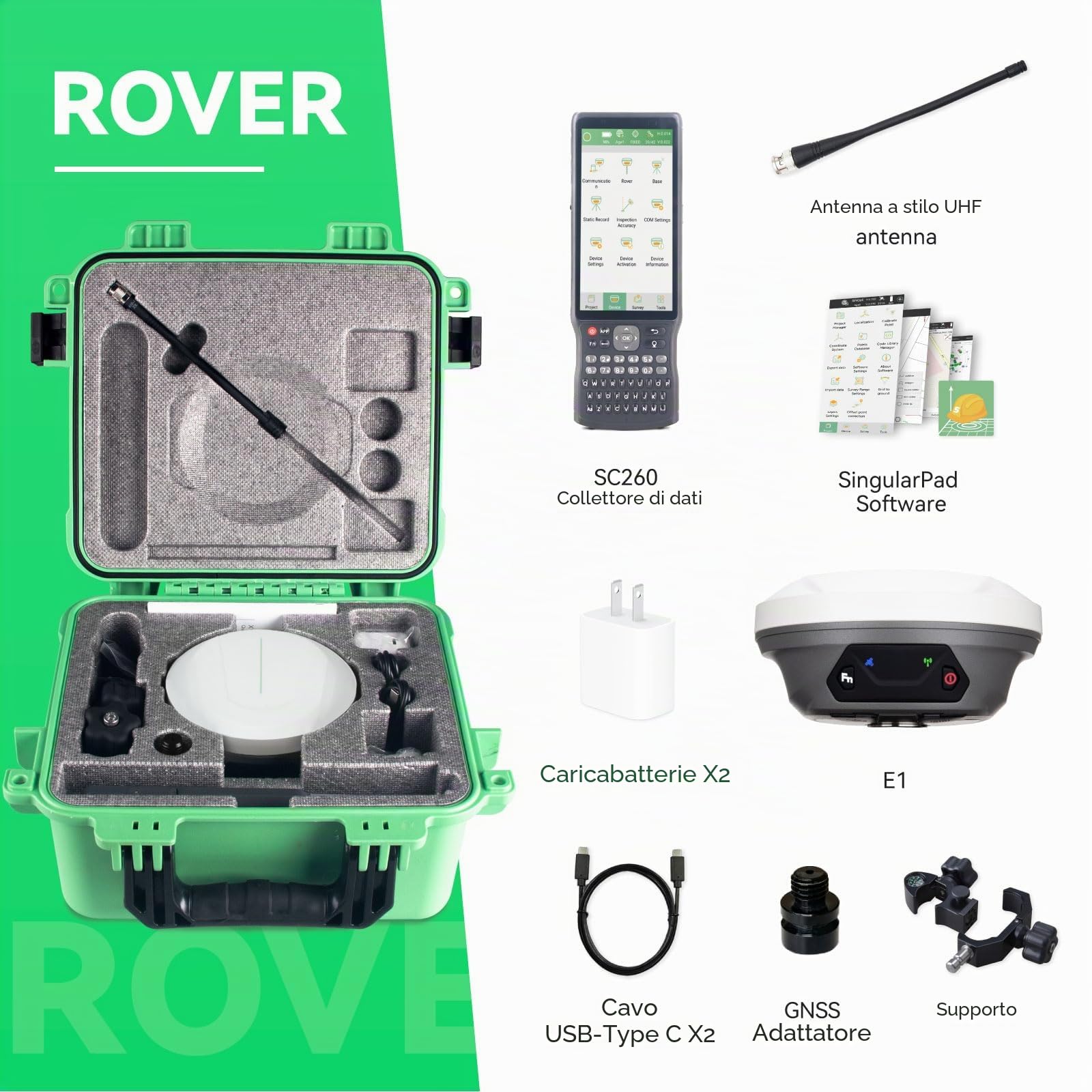 E1 GNSS IMU RTK GPS Surveying Equipment Rover Receiver Rtk Gnss Collettore portatile e software di indagine, 1408 canali, precisione 1cm, distanza 5km