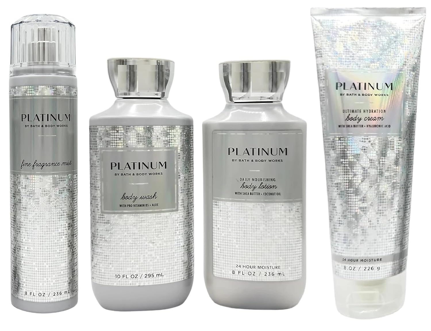 Bath and Body Works Platinum 4 Piece Body Care Set - Mist, Body Cream, Lotion, and Body Wash - Full Size