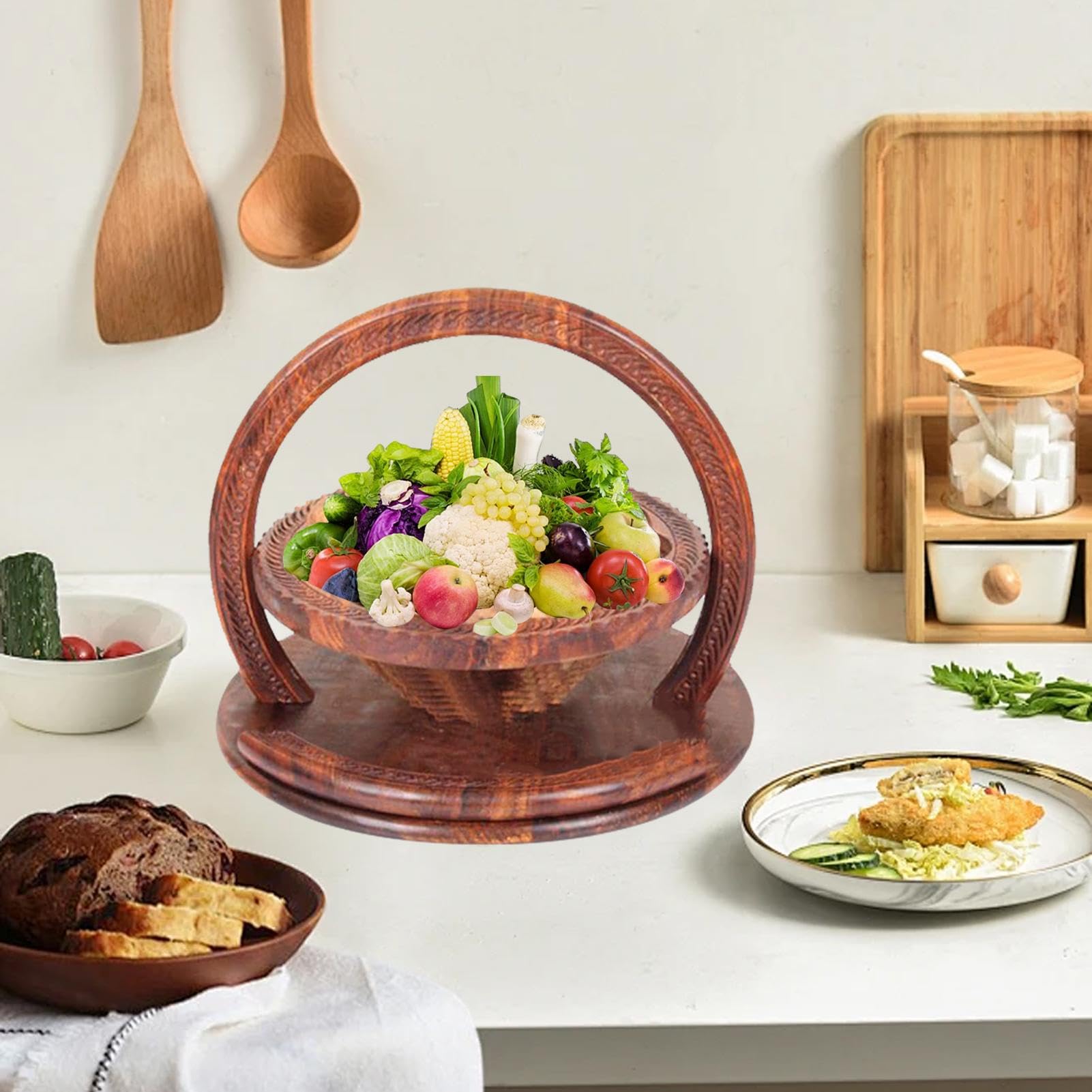 Paniers pliants pour noix de, panier pliable pour fruits secs | Panier à fruits pliable à 4 compartiments pour table de cuisine - à partir de fruits sculptés en bois faits à la main pour