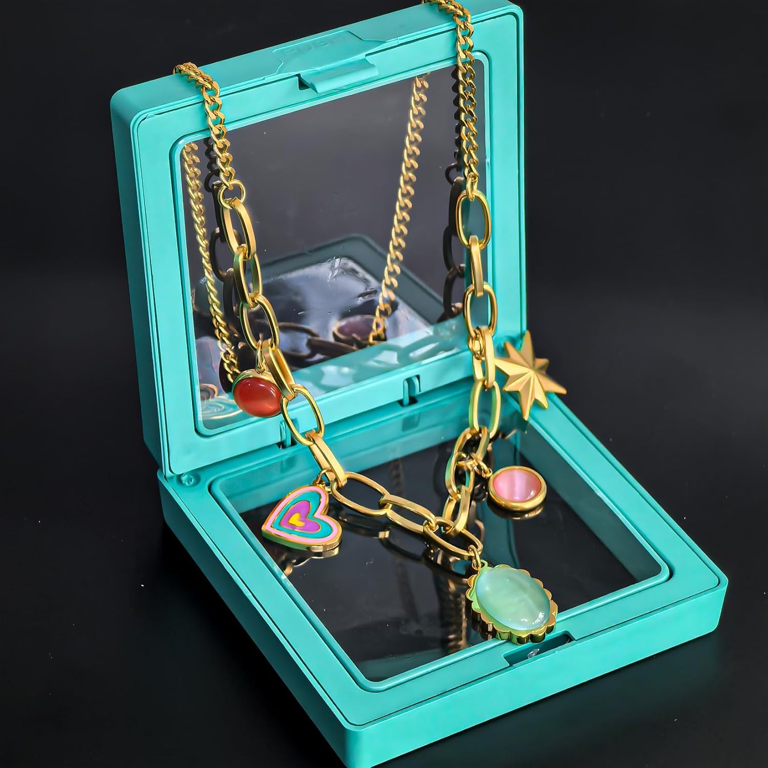 HETICA Gold Gemstone Necklace Colorful Heart Summer Necklace Trendy Cute Y2K Style Necklace Gift