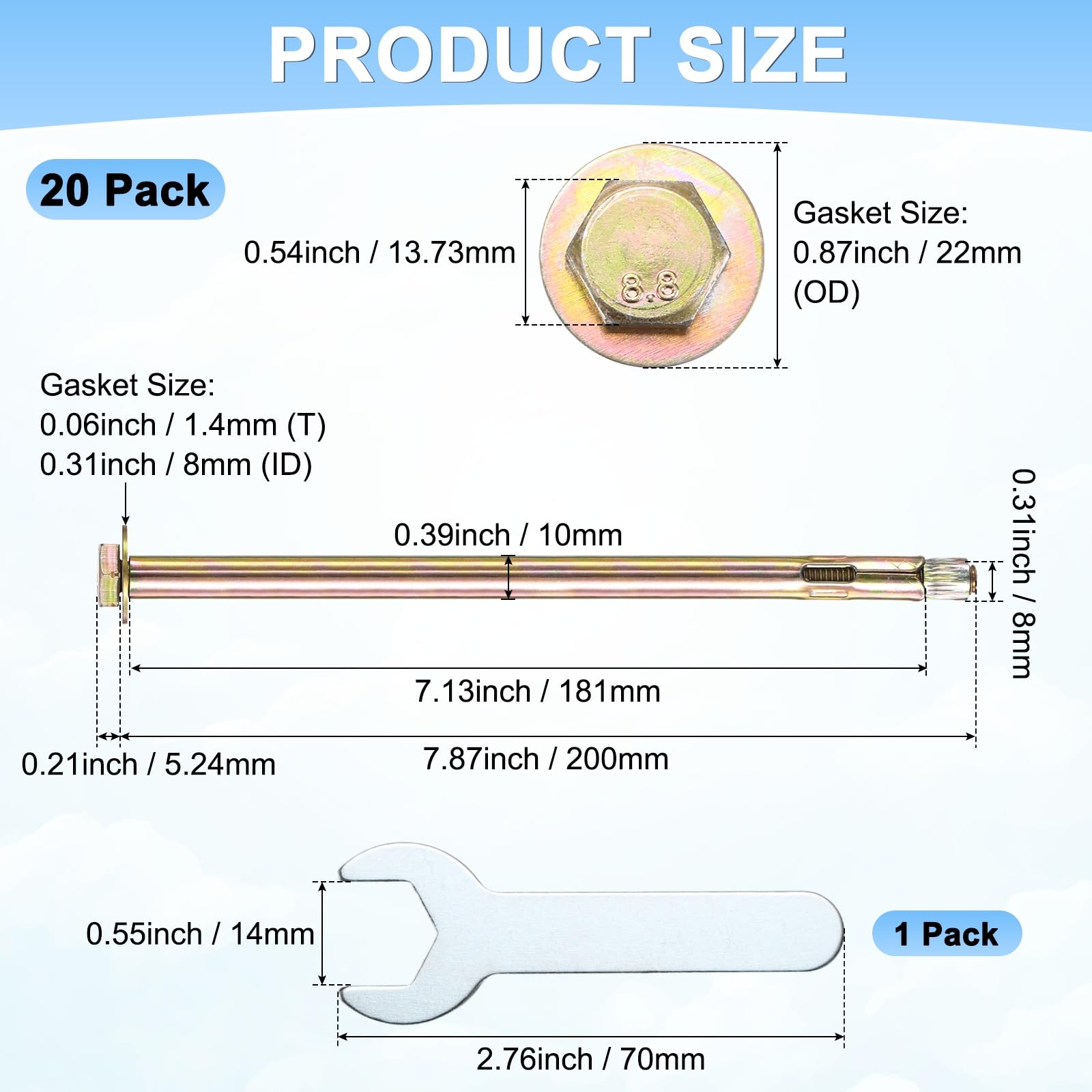 M METERXITY 20pcs Bullone A Espansione Esagonale, M8x200mm Acciaio Zincato Ferro-Carbonio Bulloni A Espansione Esagonali Esterni Con Chiave Da 14mm, Bullone Metallico Anti-Corrosione