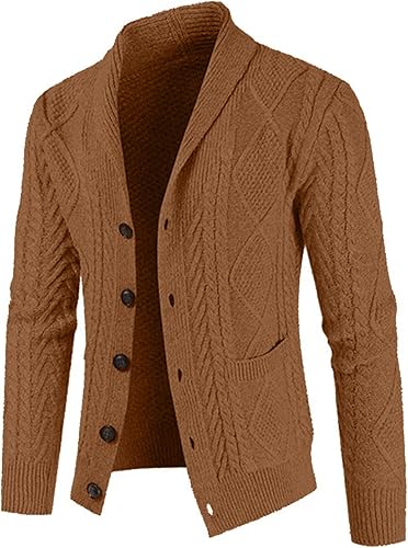 Miniatura 7 de JMIERR Suéter de punto trenzado con botones y manga larga de mezcla de lana para hombre