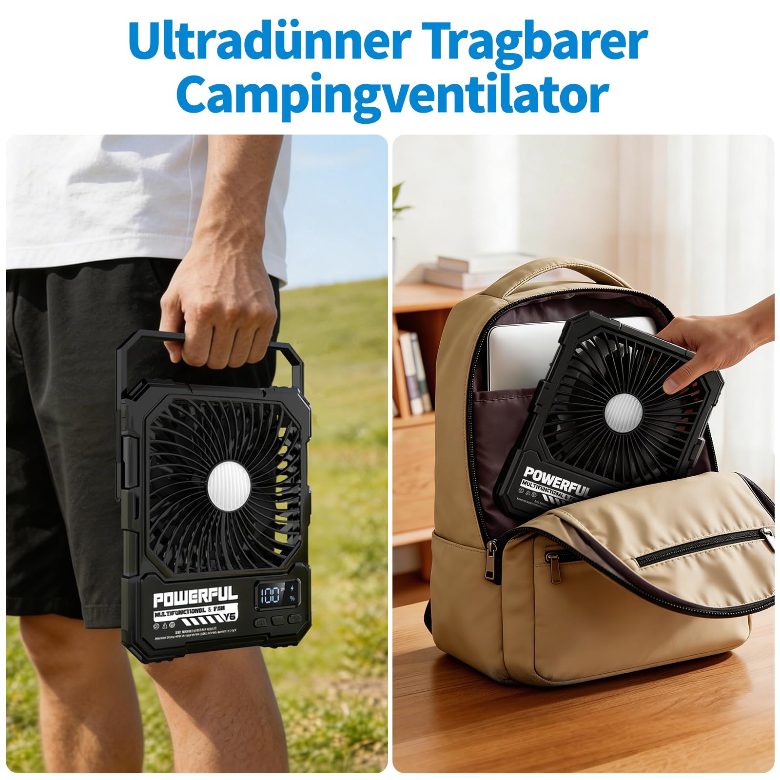 yAyusi 20000mAh Akku Ventilator Camping mit Lampe,Tragbarer Reise Ventilator mit Fernbedienung Timer Ultra-Leise Ultraflach 5 Stufen 17-82 Std Laufzeit, USB Tischventilator für Outdoor/Zelt/Haus