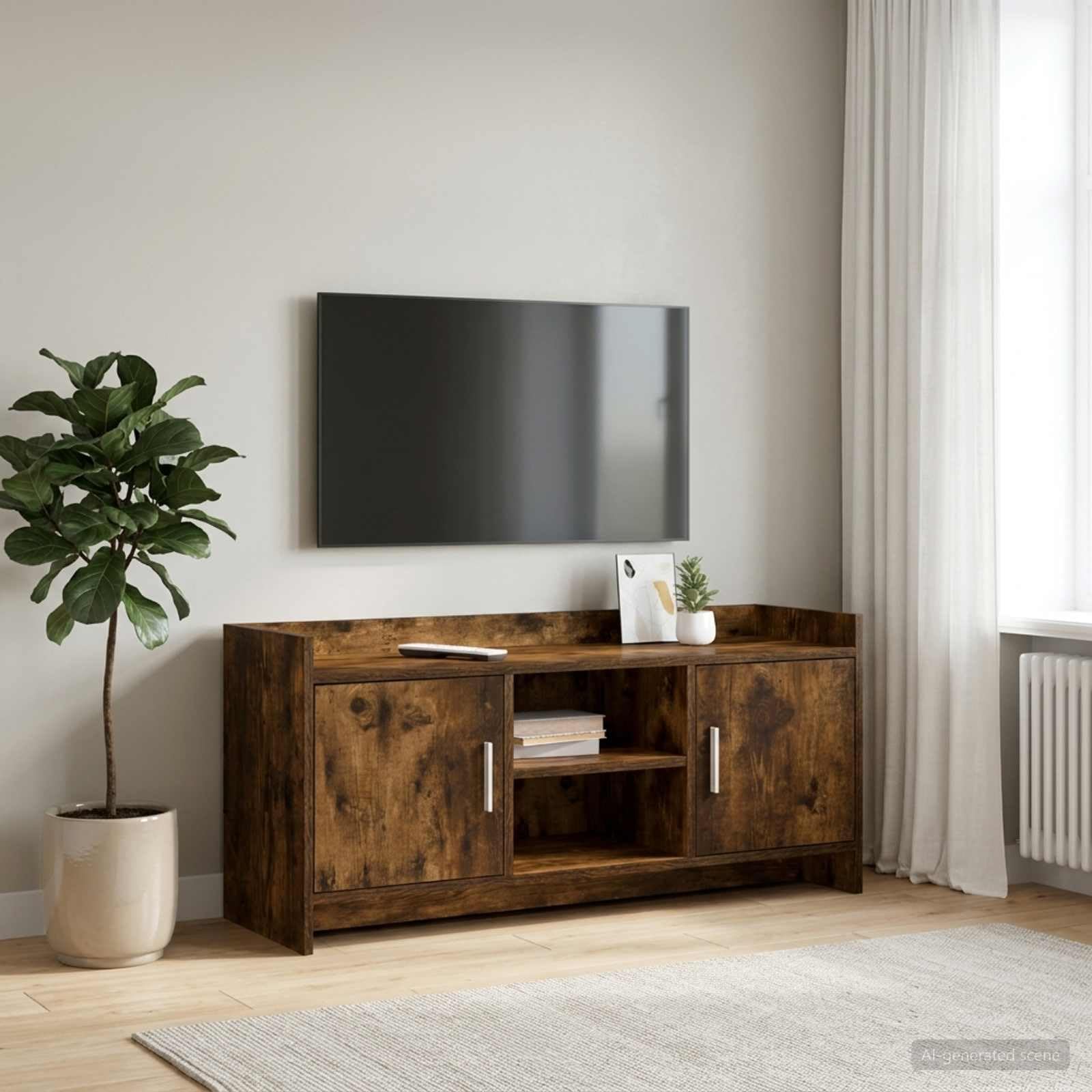 Mobile TV 102x33x47 cm Rovere Fumo Legno Ingegnerizzato | Mobiletto basso con 2 ante e 2 ripiani per soggiorno, ideale per organizzare decoder e console da gioco.