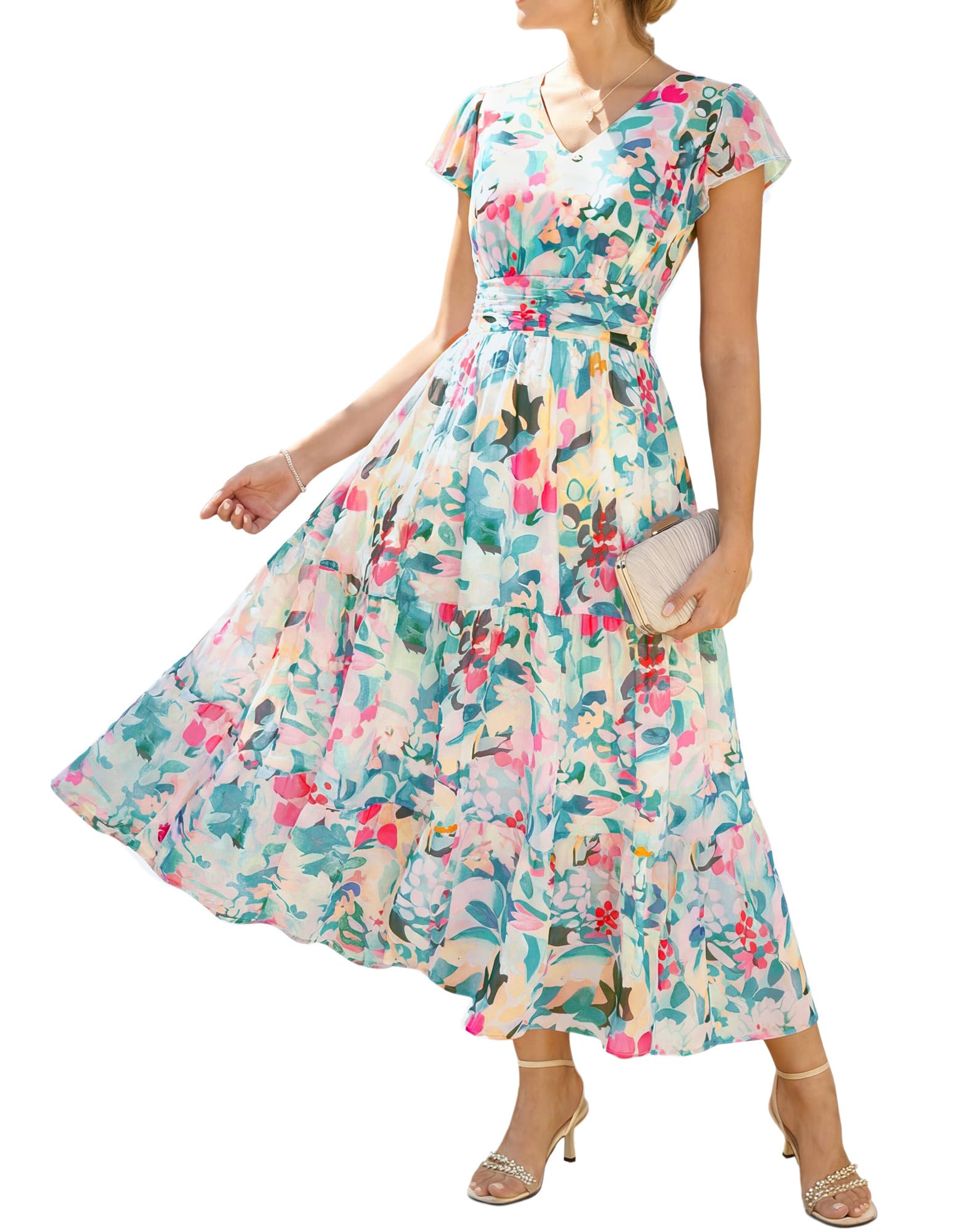 GRACE KARIN Damen Rüschenärmel V-Ausschnitt Midikleid A-Linie Blume Sommerkleid Mit Taschen