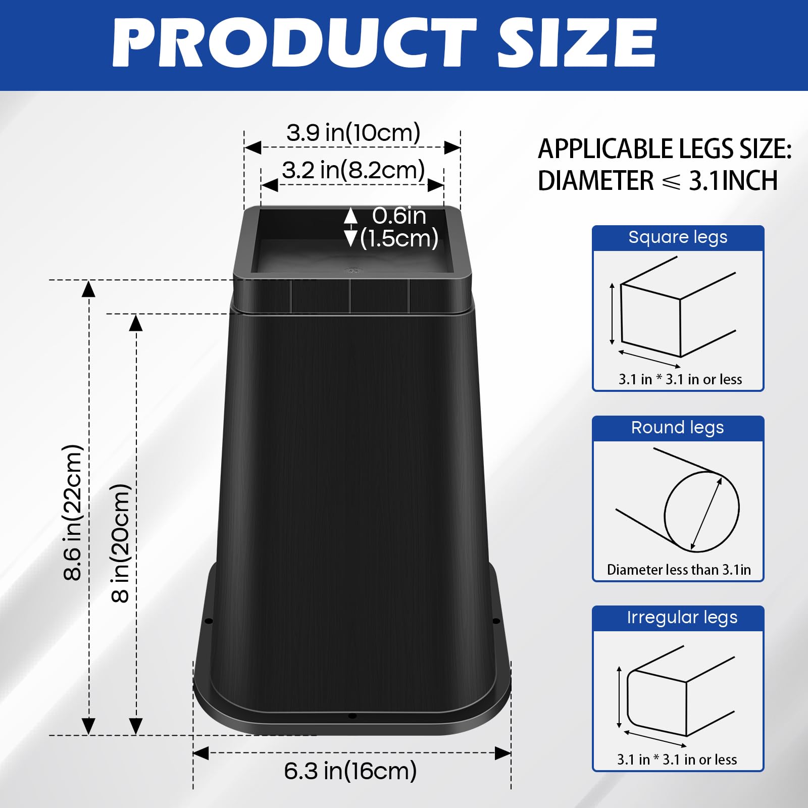 Lot de 4 rehausseurs carrés robustes de 20,3 cm pour lit, canapé, table, canapé - Noir (20,3 cm)