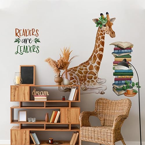 Miniatura 6 de Mfault Calcomanías de pared de esquina de lectura de jirafa, para bebés, niños y niñas, los lectores son líderes, animales del bosque, leen libros,