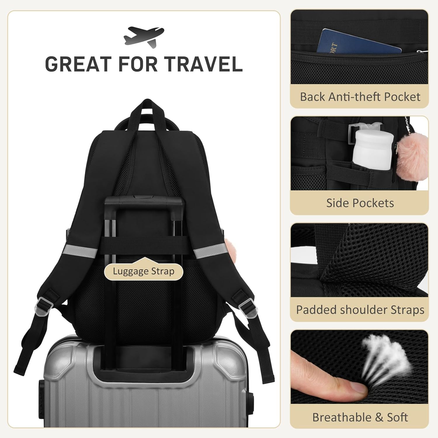 Student Laptop Backpack for College Teen Girls, Middle High School Aesthetic Bookbag Large 15.6 Inch Laptop Bag Travel Back Pack for Women (Black)