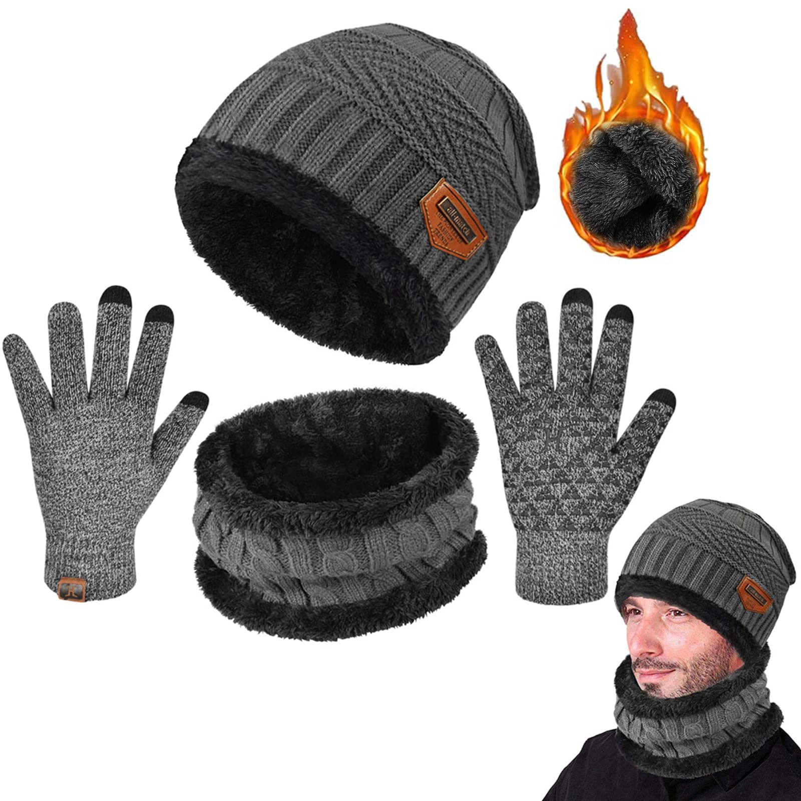 UMIPUBO Hat Scarf and Glove Set Unisex Winter Warm Thermal Knitted Beanie Hat Neck Warmer and Touchscreen Gloves Gift Set (Gray2)