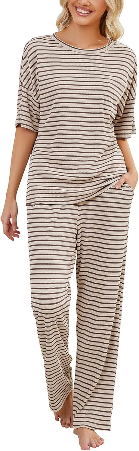 JiniGolla Womens Pajama Sets Waffle Knit Short Sleeve Shirt with Long Pajama Pants Soft Sleepwear Pj Lounge Sets