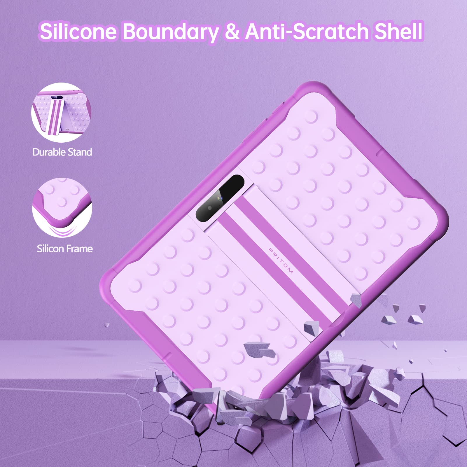 PRITOM 10 Inch Android 10.3G Phone Tablet, Child Lock, WiFi, 6000 mAh, Quad Core Processor, 2GB RAM, 32GB ROM, HD IPS Screen, for Children with Case (Purple)