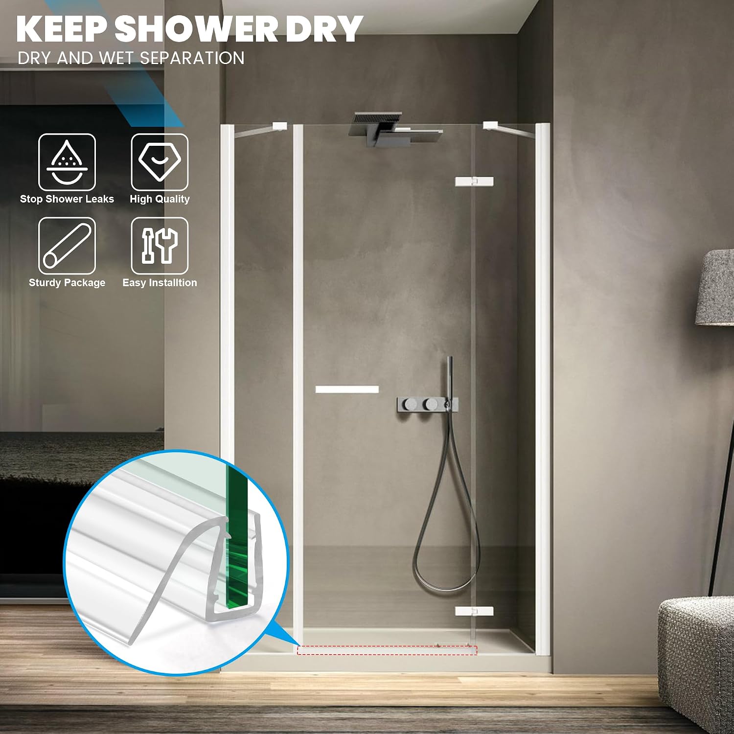 Bathroom Shower Glass Door Bottom Seal Strips, Length 36 Inch 2PCS Transparent PVC Door Bottom Seall Strips for 1/4" (6MM) Thick Framless Glass Panel