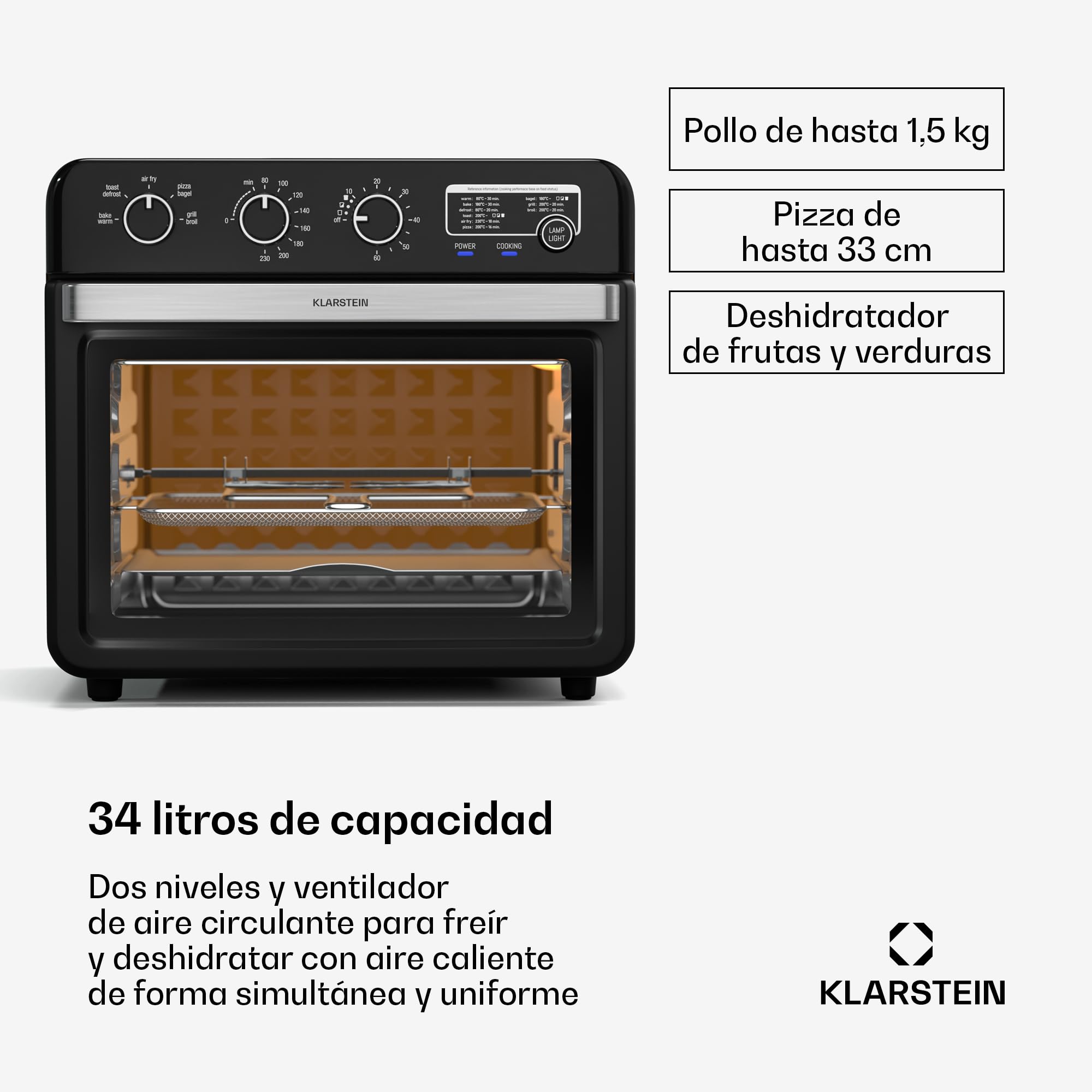 Klarstein AirGlaze Freidora De Aire – 34L, 2000W, 9 Programas, Control Giratorio, Ventana Panorámica, Accesorios Incluidos: Rejilla, Cesta, Bandeja & Asador, Negro