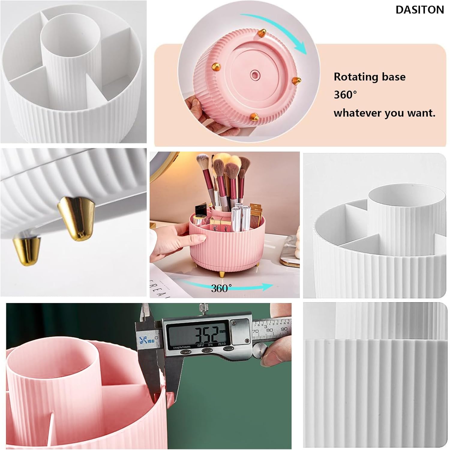 DASITON Large Capacity Makeup Brush Holder,360° Rotating Makeup Organizer,5 Slot Makeup Brushes Cup,for Vanity Decor,Bathroom Countertops,Desk Storage Container,Cosmetic Display cases(Pink)
