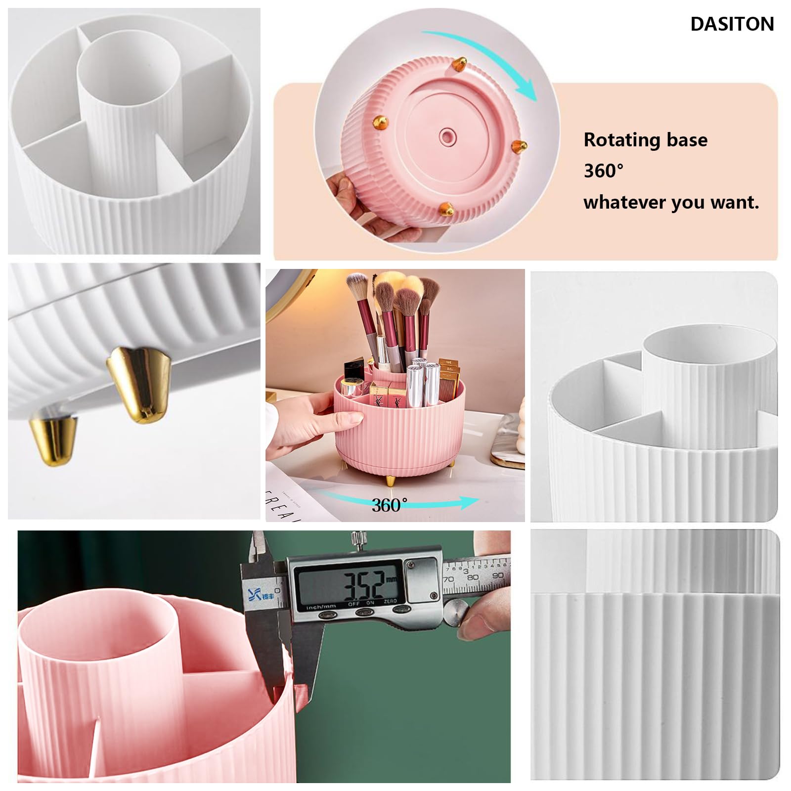 DASITON Organizer Trucchi, Porta Trucchi Multifunzione, Organizzatore di Pennelli Trucco, 360° Ruota Organizzatore di Trucco con 5 Scomparti, per Tavolo da Trucco, Bagno e Camera da Letto (Rosa)