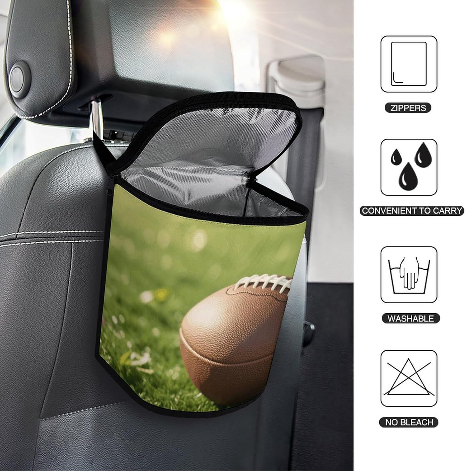 MUSM Leakproof Car Trash Can 2.5 Gallon, Durable Automotive Garbage Bag with Waterproof Liner, Rugby Trash Bag for Car, Truck, RV & Bathroom