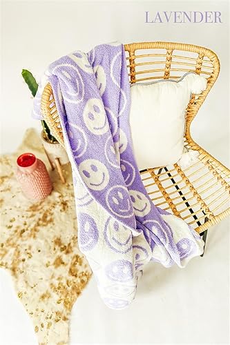 Miniatura 5 de Happy Face - Manta de punto reversible suave con patrón lindo de dos tonos, manta para niños, cálida y acogedora para el hogar, sofá (morado claro)