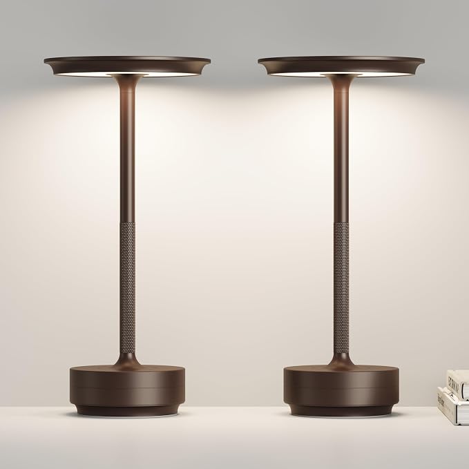 Cordless Table Lamp, Rechargeable 5000mAh Outdoor LED Table Lamp, 3 Levels Brightness Dimming IP54 Waterproof Touch Battery Powered Table Lights, Dining Room/Patio/Nightstand (2Pack Brown)