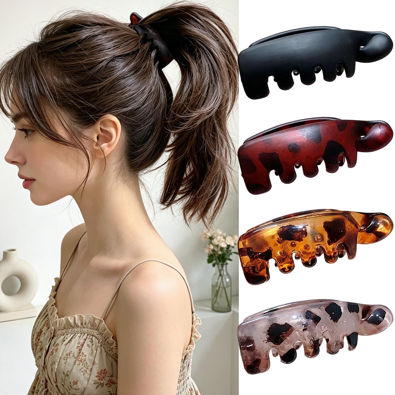 Photo 1 of Small Banana Hair Clips for Women 4Pcs Matte Vintage Hair Claw Clips Fashion Cute Hair Barrettes Strong Hold No Slip Hair Accessories High Ponytail Hair Styling Decorations for Thick & Thin Hair