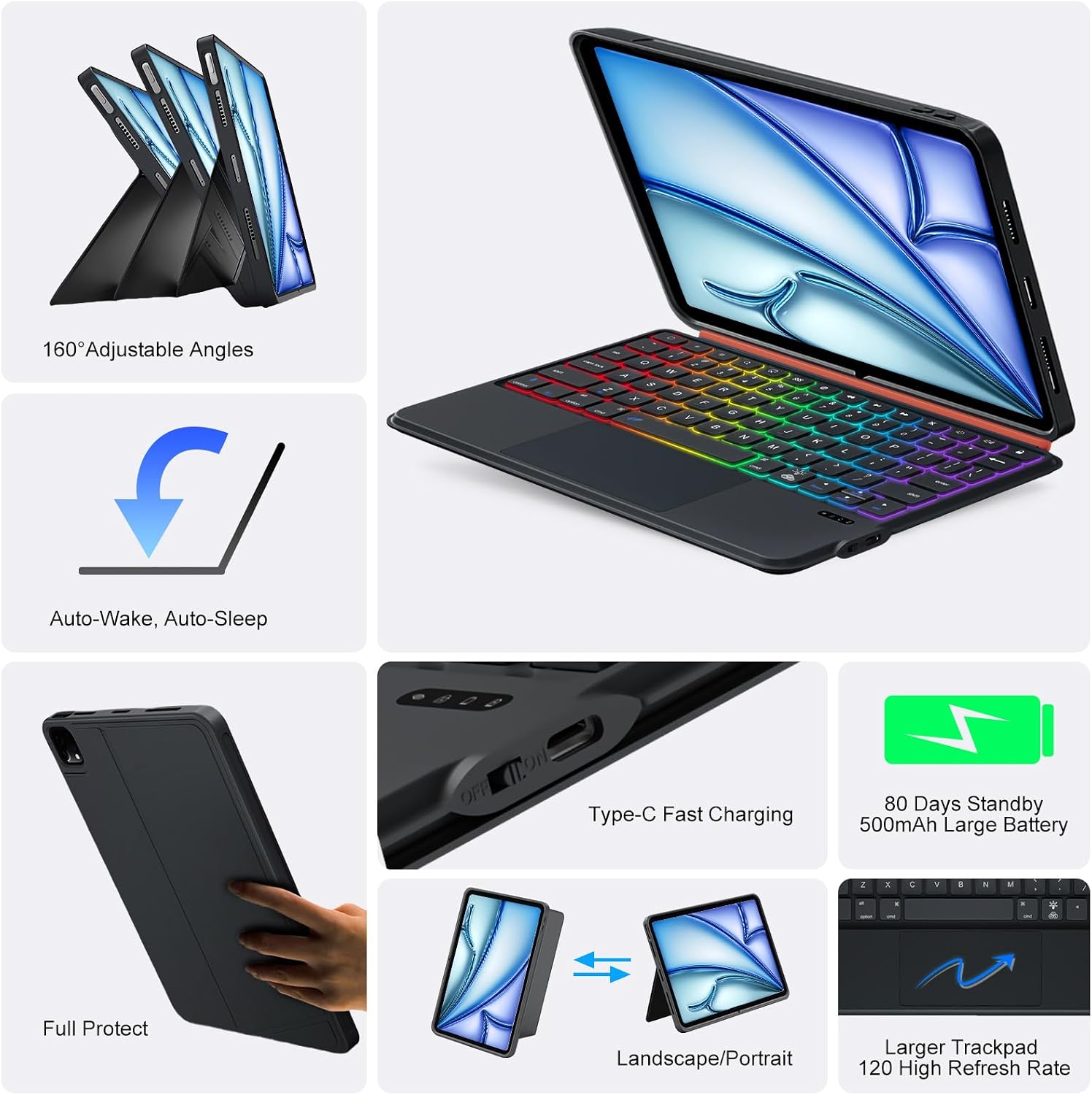 Keyboard Case for iPad Air 11 inch (M4/M3/M2, 2026/2025/2024)&Pro 11, Magnetic Detachable iPad A16 11th/10th Keyboard, Trackpad, Backlit, Quiet Typing, Full Protection for Air 5/4th Gen 10.9" (Black)