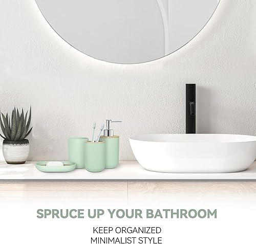 Miniatura 2 de Juego de 4 accesorios de baño verdes, accesorios de baño verdes, dispensador de jabón de plástico y soporte para cepillos de dientes, jabonera y