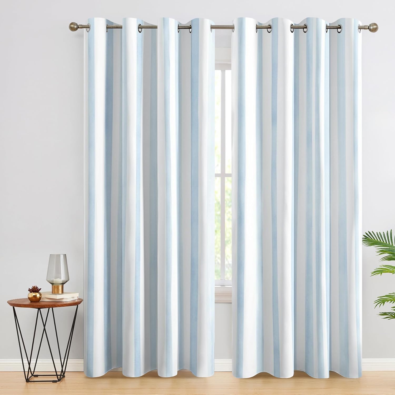 Striped Blackout Curtains, Light Blue and White Curtains for Bedroom Living Room - Farmhouse Decor Window Curtains 90 Inches Long, Grommet Drapes 2 Panels Set