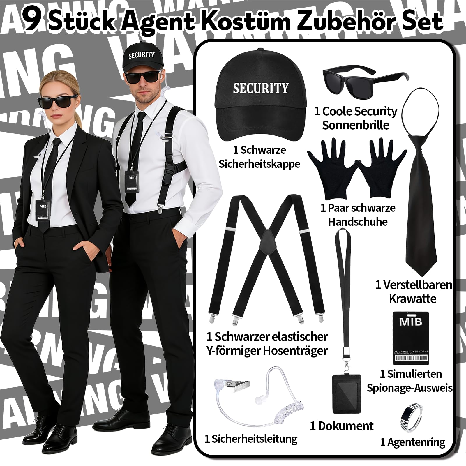 YAEGIMHT 9 Pcs Agent Costume Accessories Black Men Secret Service Cosplay Costume with SECURITY Hat Black Tie Sunglasses Ring Card Case Security Costume for World Book Day Halloween Role-Playing - Image 4