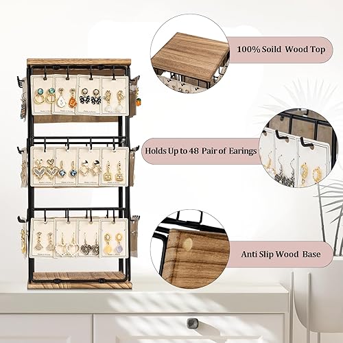 Miniatura 3 de Yoimori - Organizador de aretes con base de madera, 48 ganchos para mujeres y niñas, organizador de joyas para mostrar anillos, aretes, aretes y