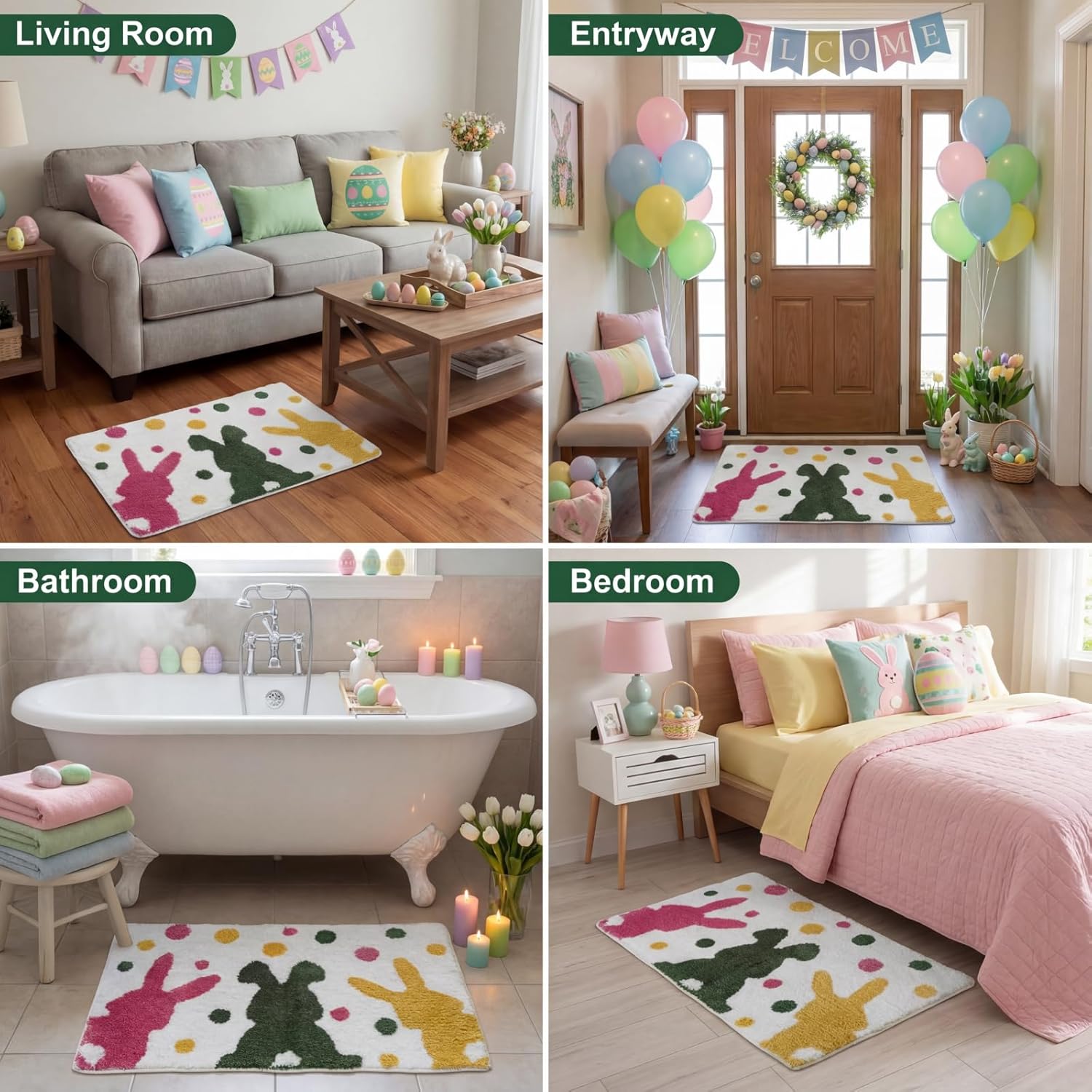 Easter Bunny Bath Mat, 20x32 Inch Soft Absorbent Non-Slip Bathroom Rug, Cute Rabbit Design Washable Tufted Microfiber Carpet for Spring Home Decoration (Bathroom, Bedroom, Living Room)