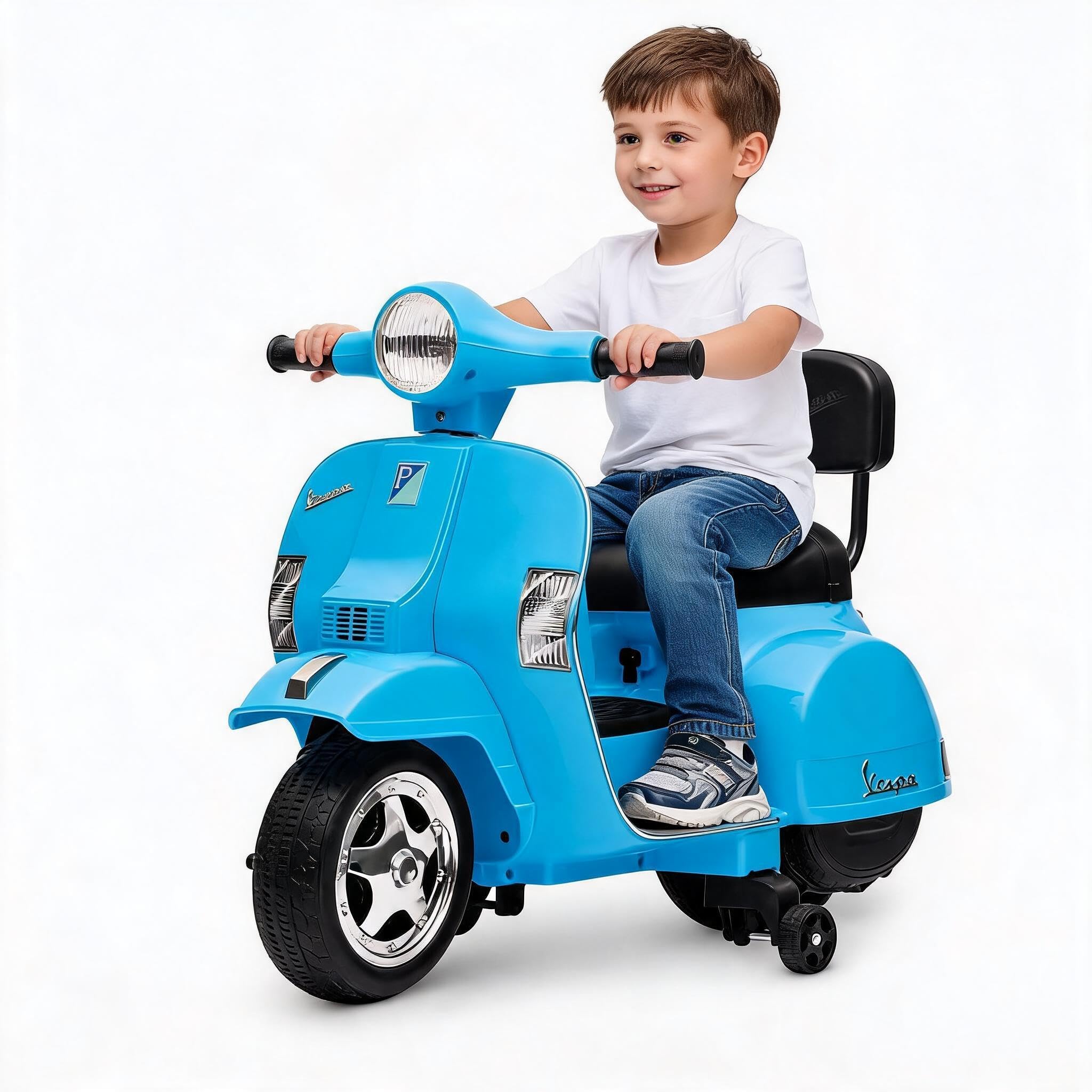 IDEALHOUSE Licensed Classic 6V Kids Electric Ride-on Scooter Motorbike 4-Wheel Anti-Tip Stability with Padded Seat Backrest for Age 3-7,blue