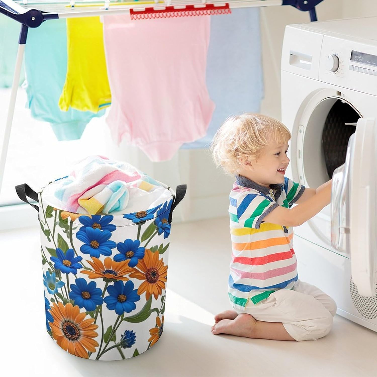 Blue And Orange Flowers on White Background Laundry Bag Large Collapsible Laundry Baskets Freestanding Waterproof Clothes Hamper with Handles & Drawstring for Laundry Room Bedroom Bathroom