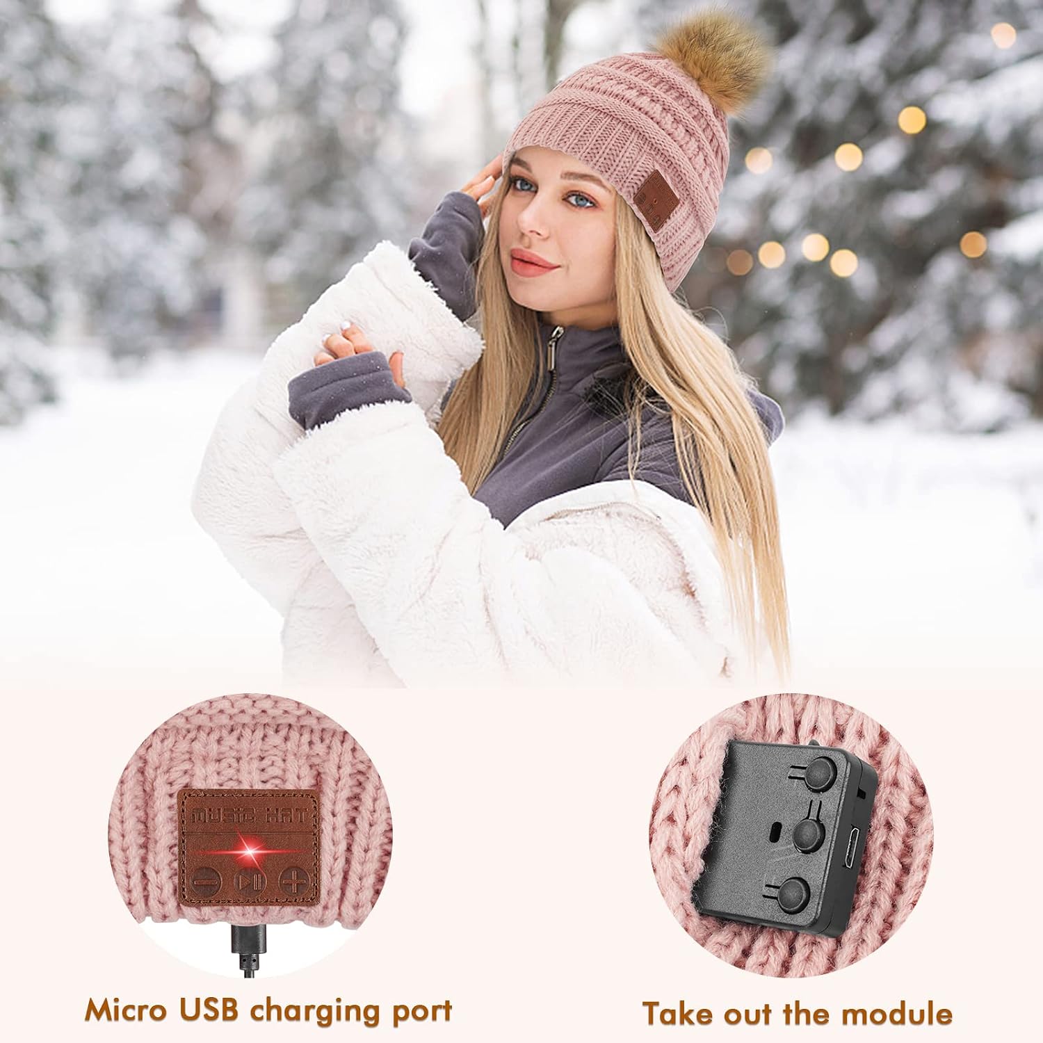 Bluetooth Beanie Hat with Pom Pom, Birthday Unique Tech Gifts Ideas for Teen Girls Women Girlfriend Wife Her, Cute Warm Music Hat-Pink Beanie