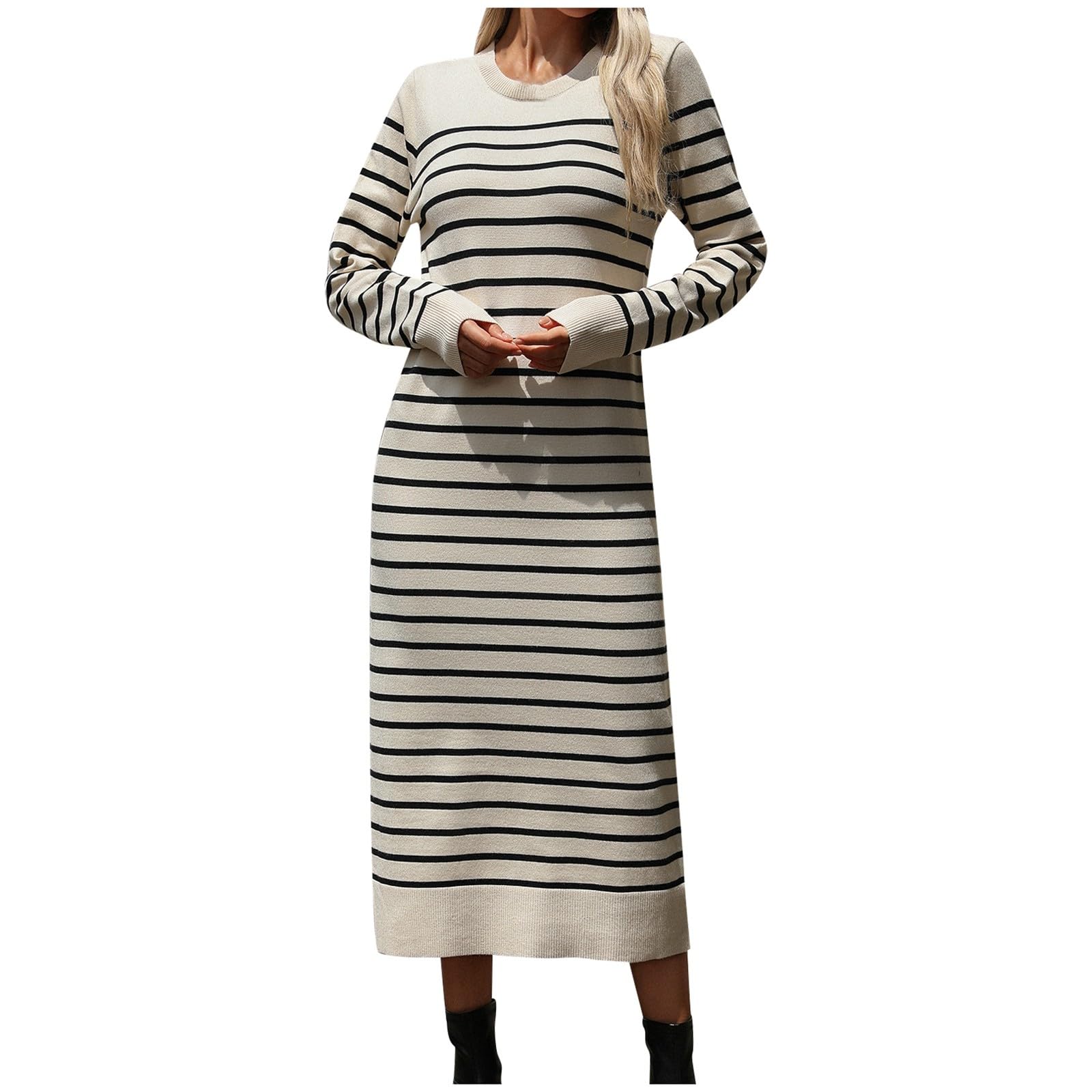 Generico Abito Maglia Donna Invernale, Vestito Invernale Donna Elegante,Vestito Elegante in Maglia Abito Lungo A Righe vestibilità Slim per Le Occasioni Autunno/Inverno