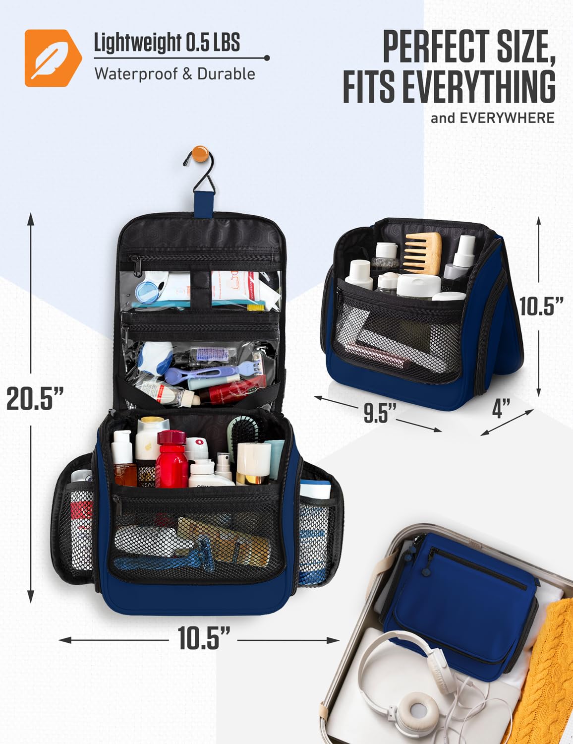 VENTURE 4TH - Neceser de viaje colgante para hombres y mujeres, 18 compartimentos, Azul marino, Minimalista
