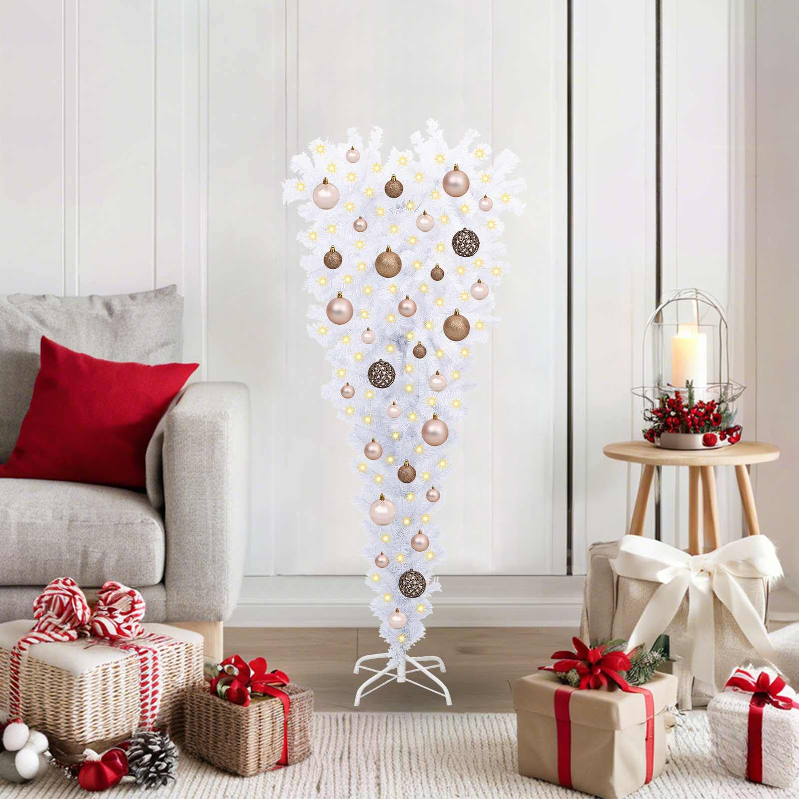 Árbol de Navidad compacto para pisos pequeños pino artificial blanco 120 cm con luces USB LED