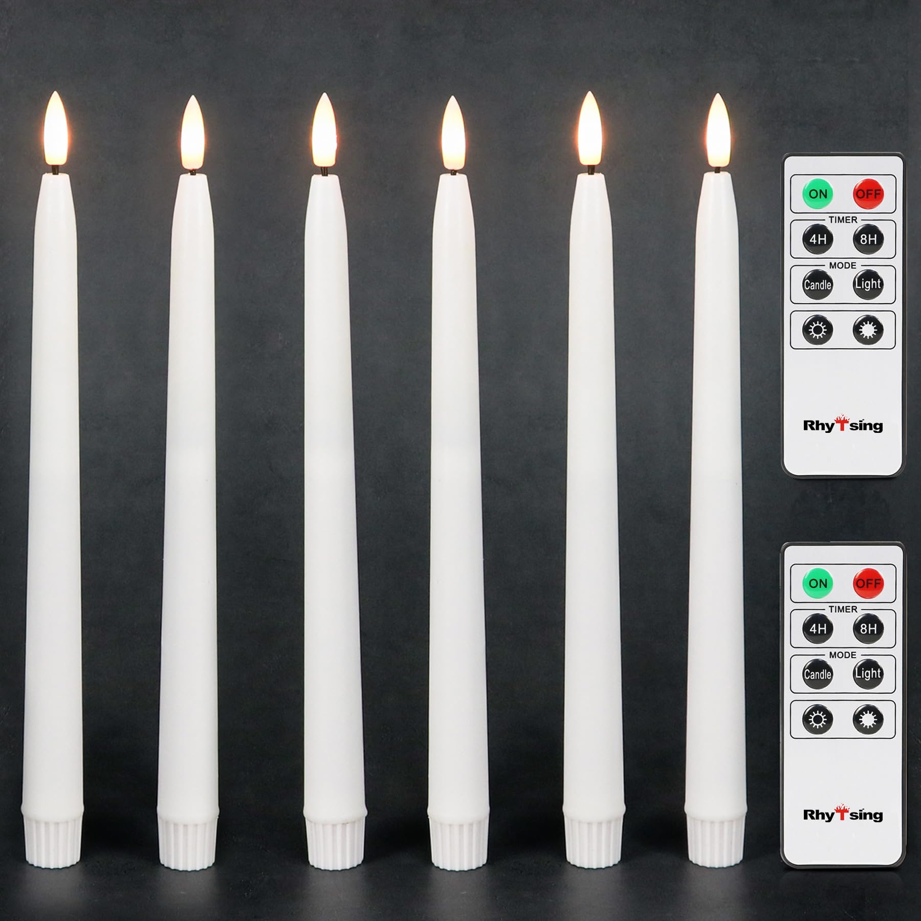 Rhytsing Wax Coated 6 White Flameless Taper Candles With Timer H 28Cm, Battery Operated Led Candle Sticks Real Wax Finished For Home Decor, 2 Remotes Included