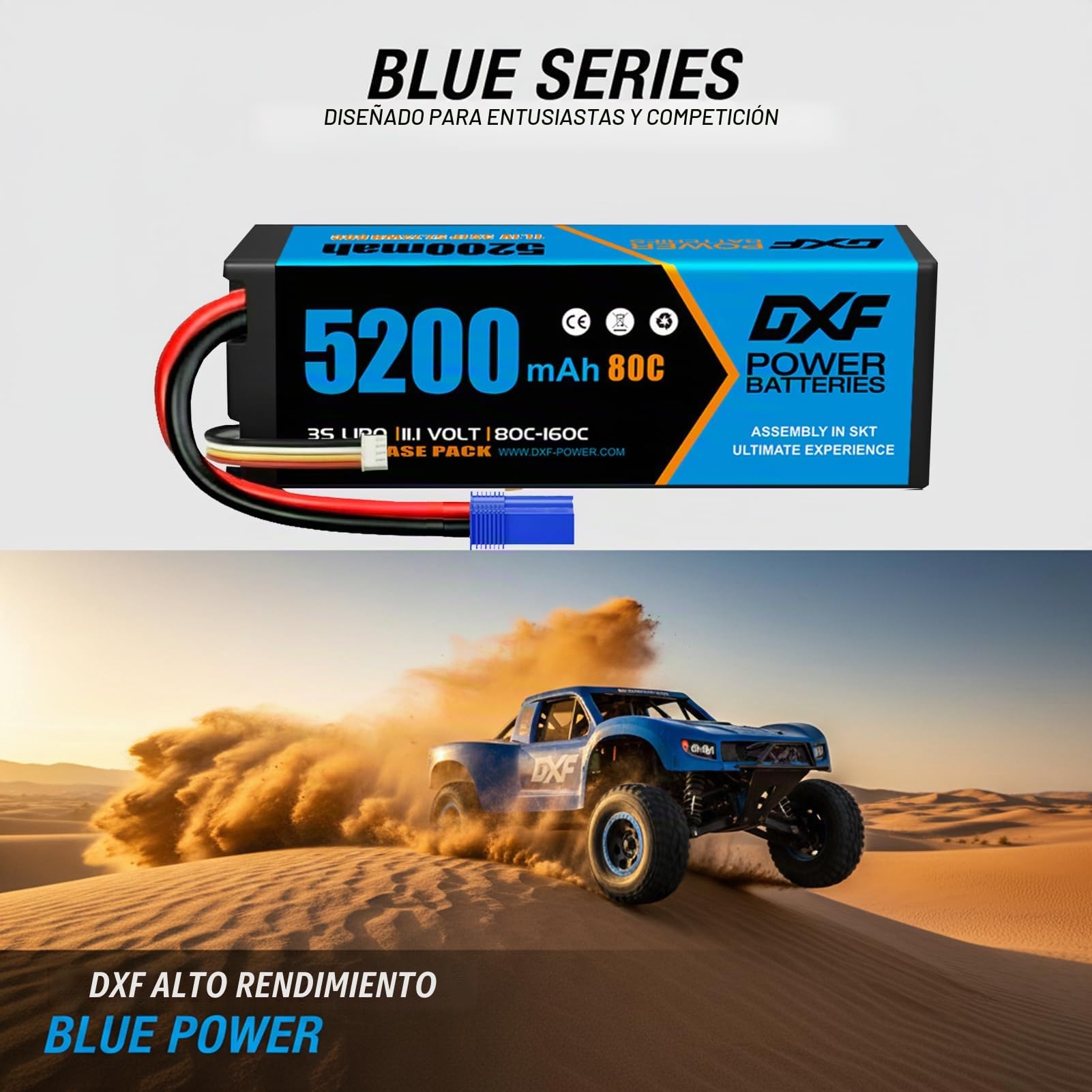 DXF 2 Pack Batería LiPo 3S 11.1V 5200mAh 80C Conector EC5 Helicóptero Avión Coche RC Barco Drone Multirotor Buggy Truggy 1/8 1/10 Polímero Litio Alta Descarga Brushless