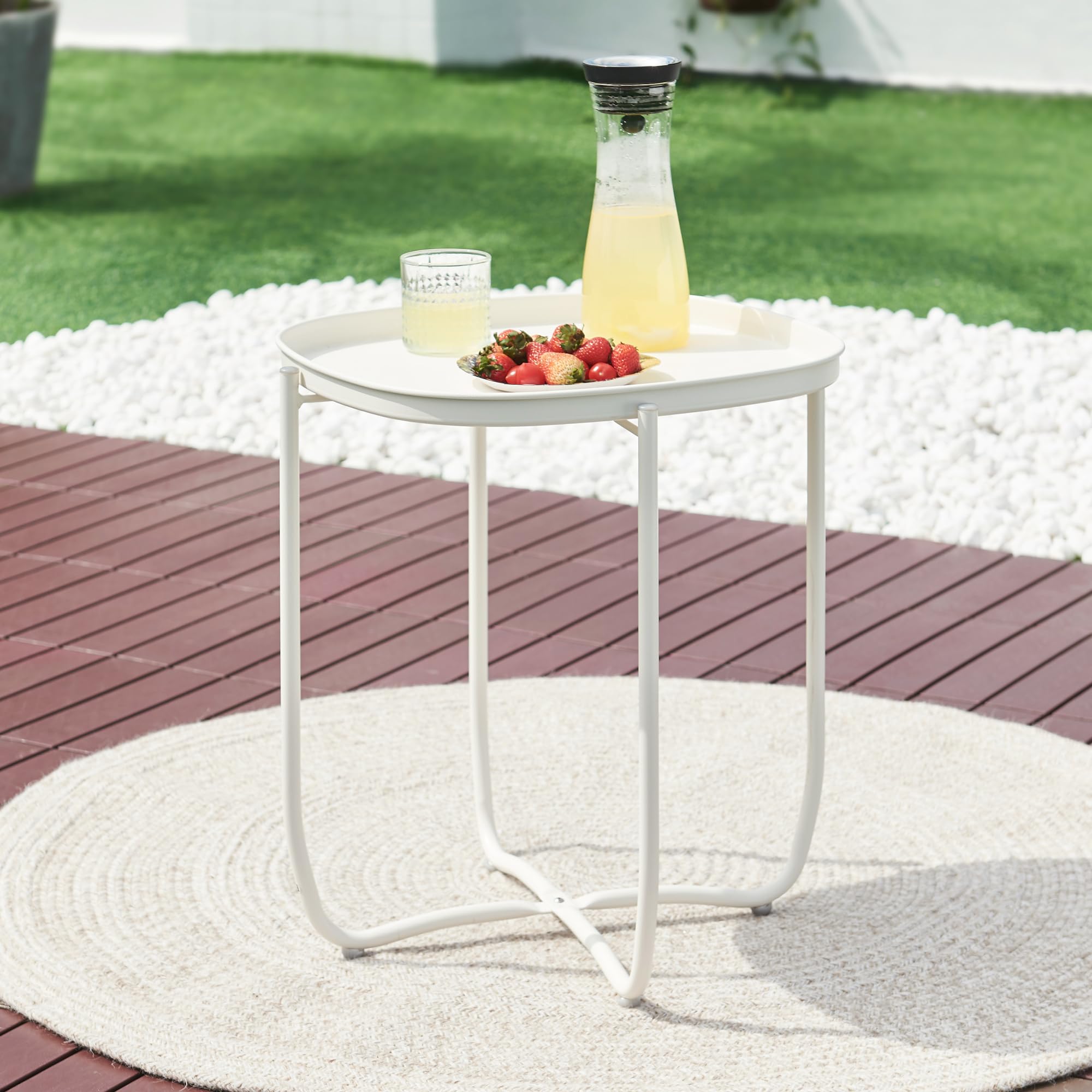[en.casa] Mesita de Jardín Sandefjord Mesa de Café de Patio con Bandeja Extraíble Estilo Moderno Mueble de Jardín Terraza Balcón Acero 53 x 46 x 46 cm - Blanco