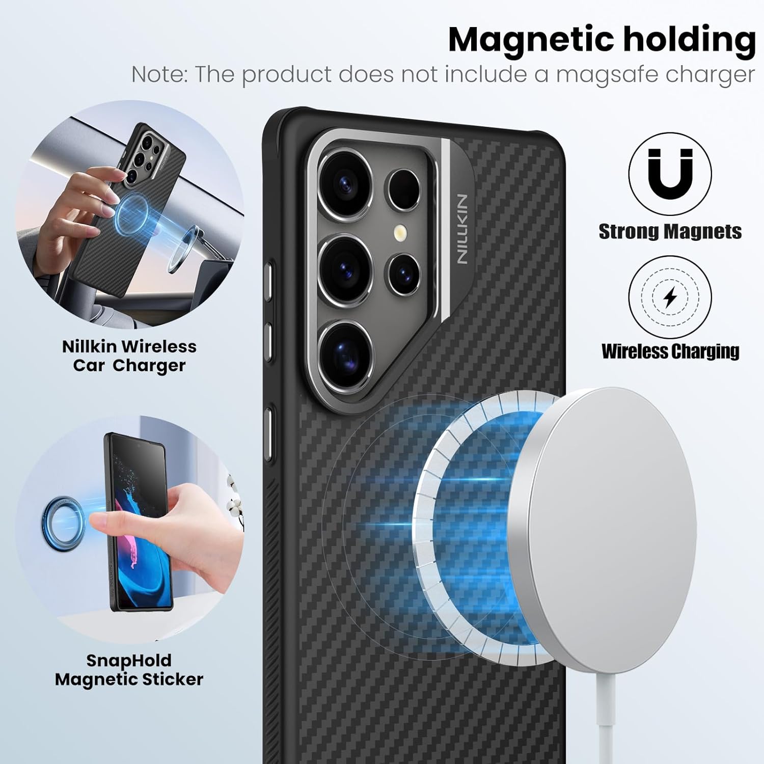 Nillkin for Samsung Galaxy S25 Ultra Carbon Fiber Case with Camera Kickstand [ Compatible with Magsafe/Military Grade Drop Tested ]- 6.9'' Black