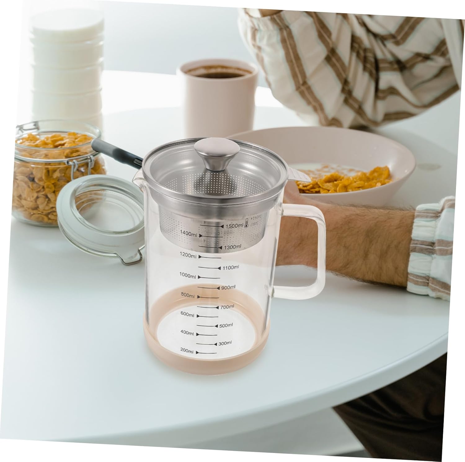 Mobestech Fine Mesh Strainer Pot for Juice and Soy Milk High Borosilicate Tea Filter with Filter and Scale Capacity for Kitchen Use