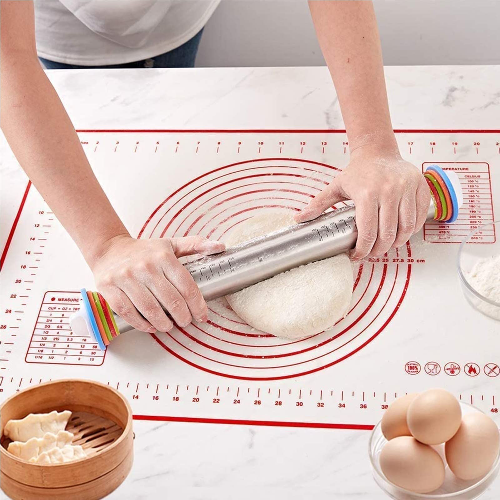 Rodillo con juego de alfombrillas para pastelería, rodillo ajustable con anillos de grosor (4 piezas） ， para pasteles y masa de pizza, pasta y galletas. (Color : Silver, Size : 17in)