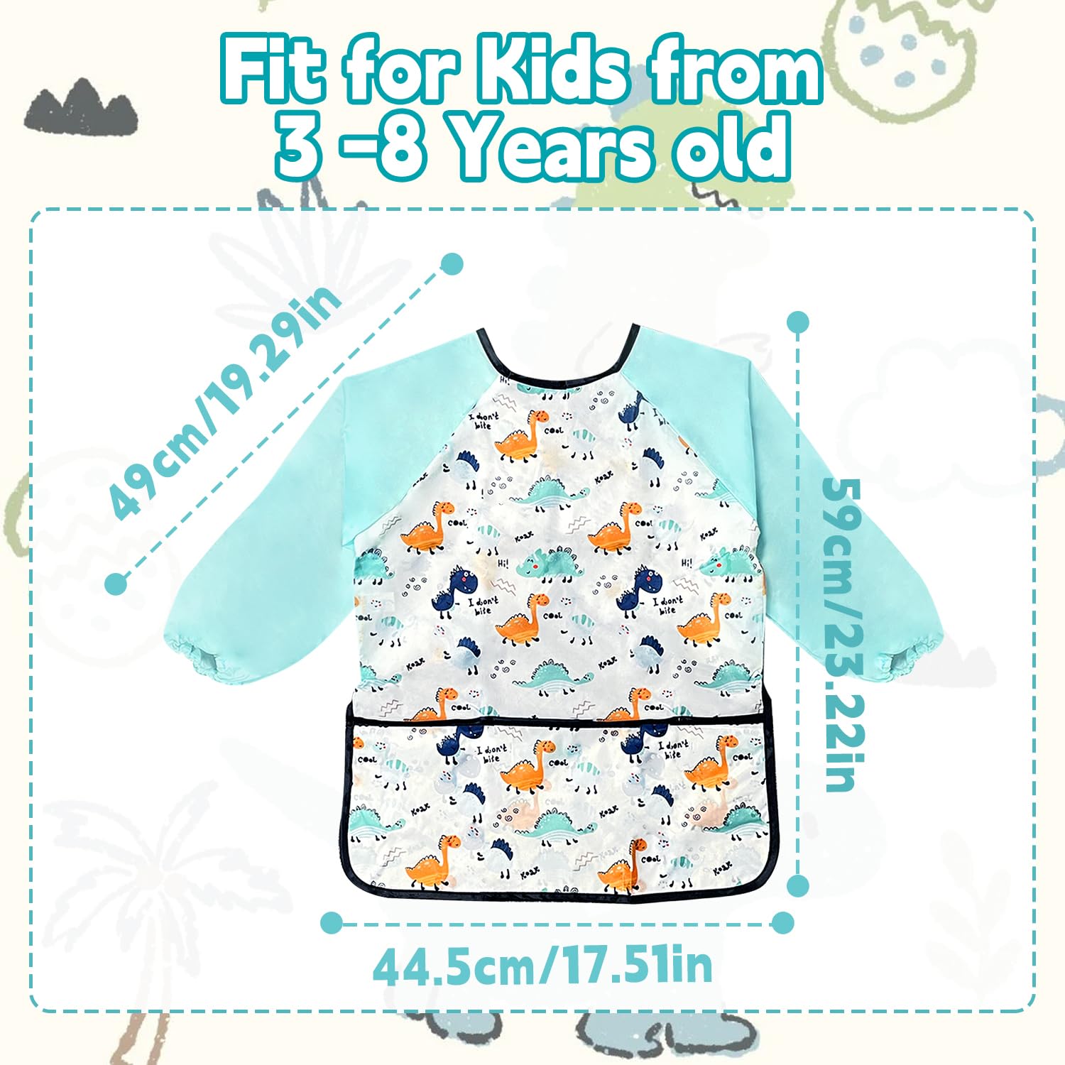 Kids Apron, Ages 3-8 Waterproof Children's Aprons Long Sleeve With Pocket for Painting Cooking, Eating, Arts & Crafts (Light Blue) - Image 2