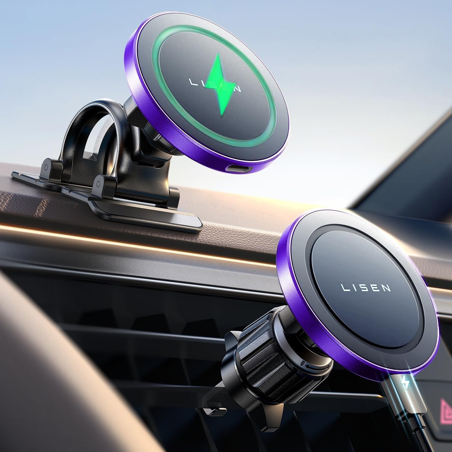 LISEN for 15W MagSafe Car Mount Charger,iPhone Magnetic Wireless Car Charger for iPhone 16 Pro Max Accessories,Car Phone Holder For iPhone 16 15 14 13 12,Samsung with MagSafe Case,Gifts for Men Purple