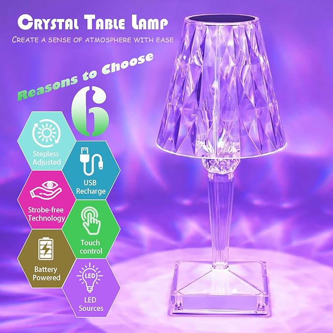 Solis Convene Crystal Table Lamp, 16 Color Changing Touch Crystal Rose Lamp with Remote, Rechargeable LED Diamond Romantic Night Light, Small Acrylic Cordless Table Lamp for Bedrooms Party Dinner Bar Decor Lights photo 2