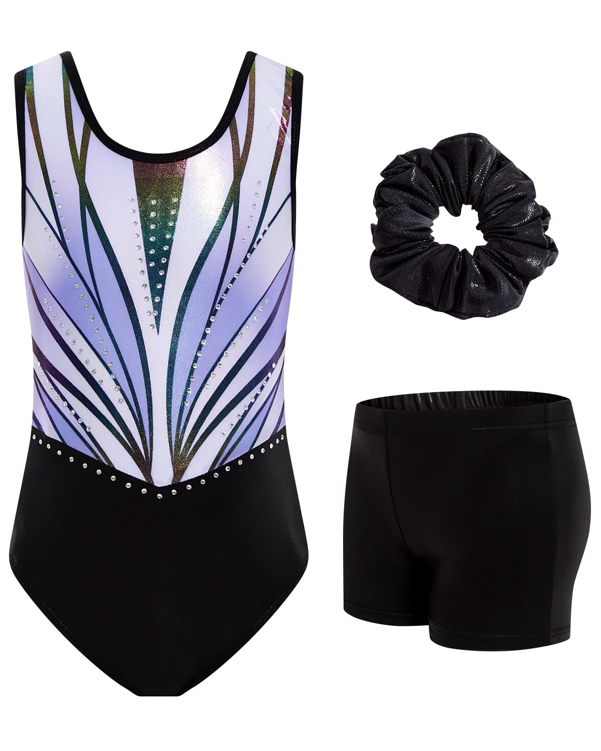 JiAmy Turnanzug Mädchen Ärmellos, Kinder Glitzer Gymnastik Turnanzug Leotard mit Shorts und Haarband, Gymnastikanzug Turnbody Ballett Tanzender Ballettanzug für 3-12 Jahre